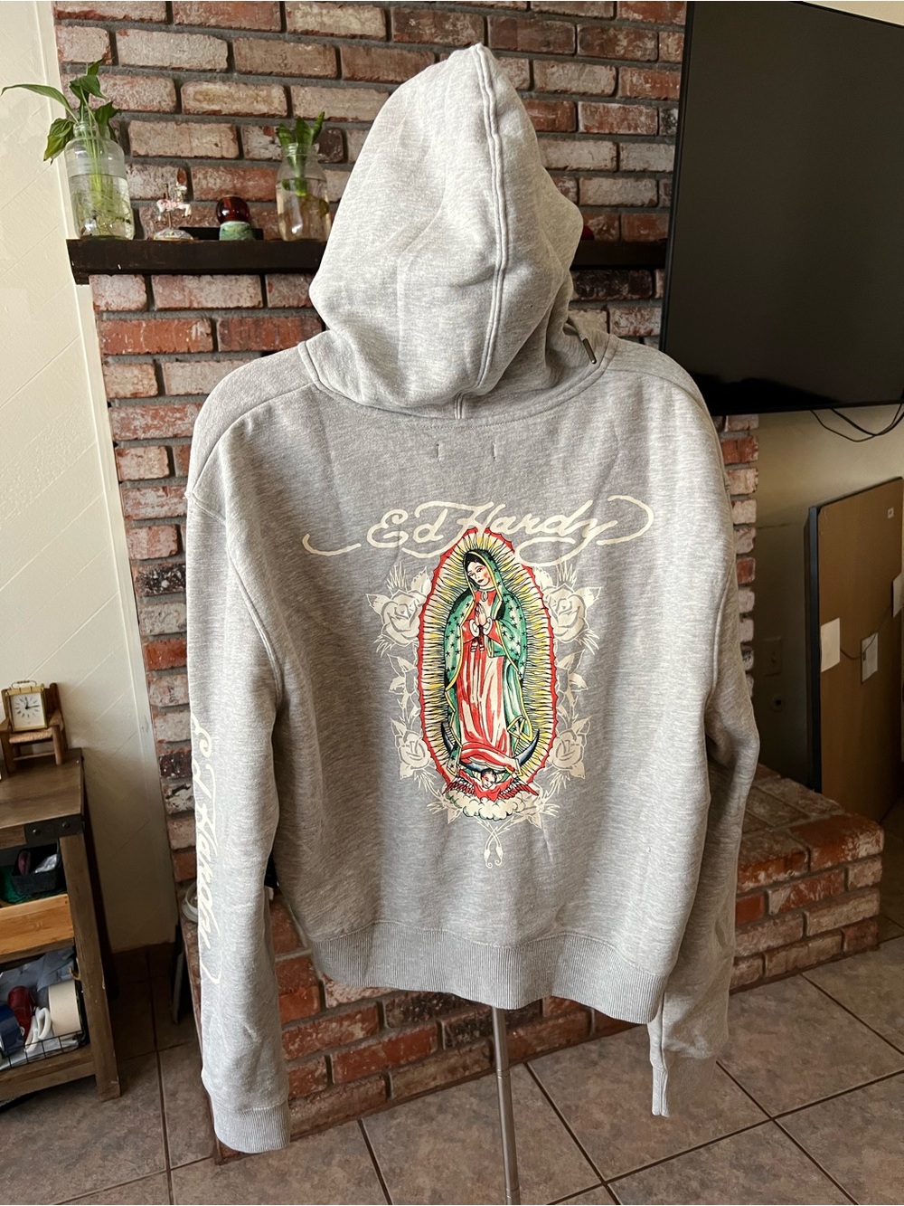 Ed Hardy Gray Hoodie Jacket with Colorful Guadalupe Graphic